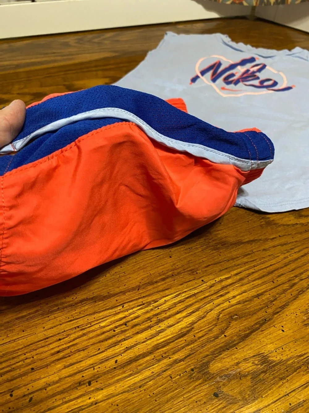 Nike Light Blue Script Tank & Coral and Royal Blue Athletic Shorts - Picture 3 of 13